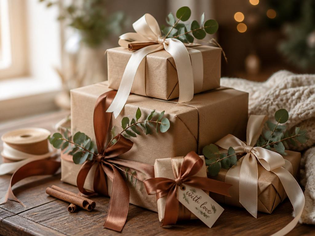 Elegantly wrapped holiday gifts with ribbon, twine and greenery on a warm wooden table